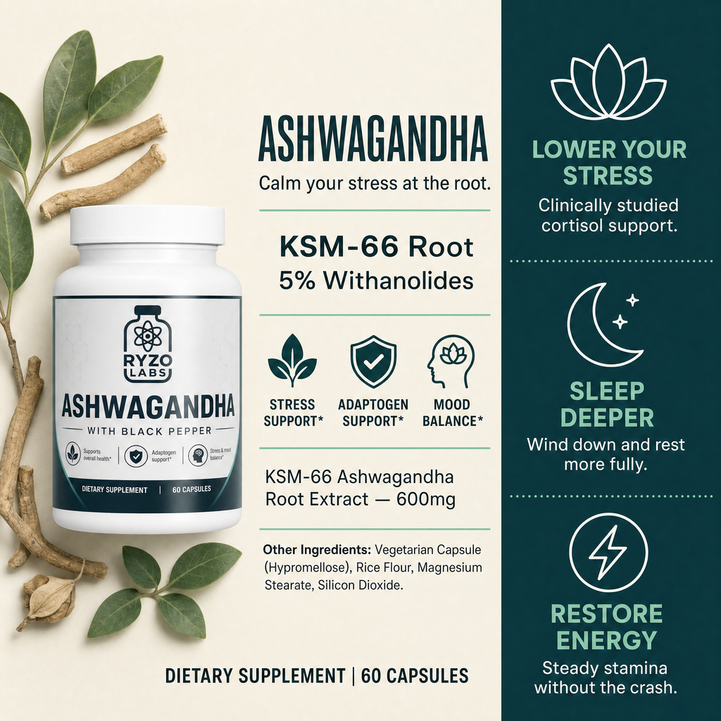 Ashwagandha ingredients and benefits chart by Ryzo Labs
