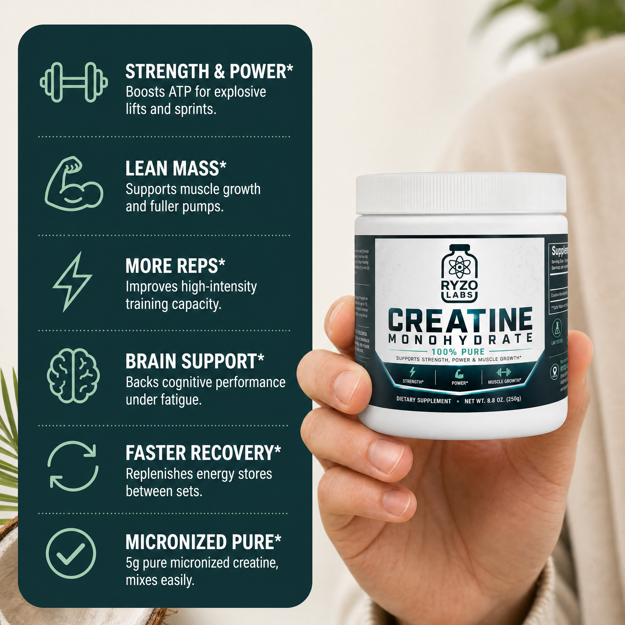 Creatine Monohydrate benefits infographic by Ryzo Labs