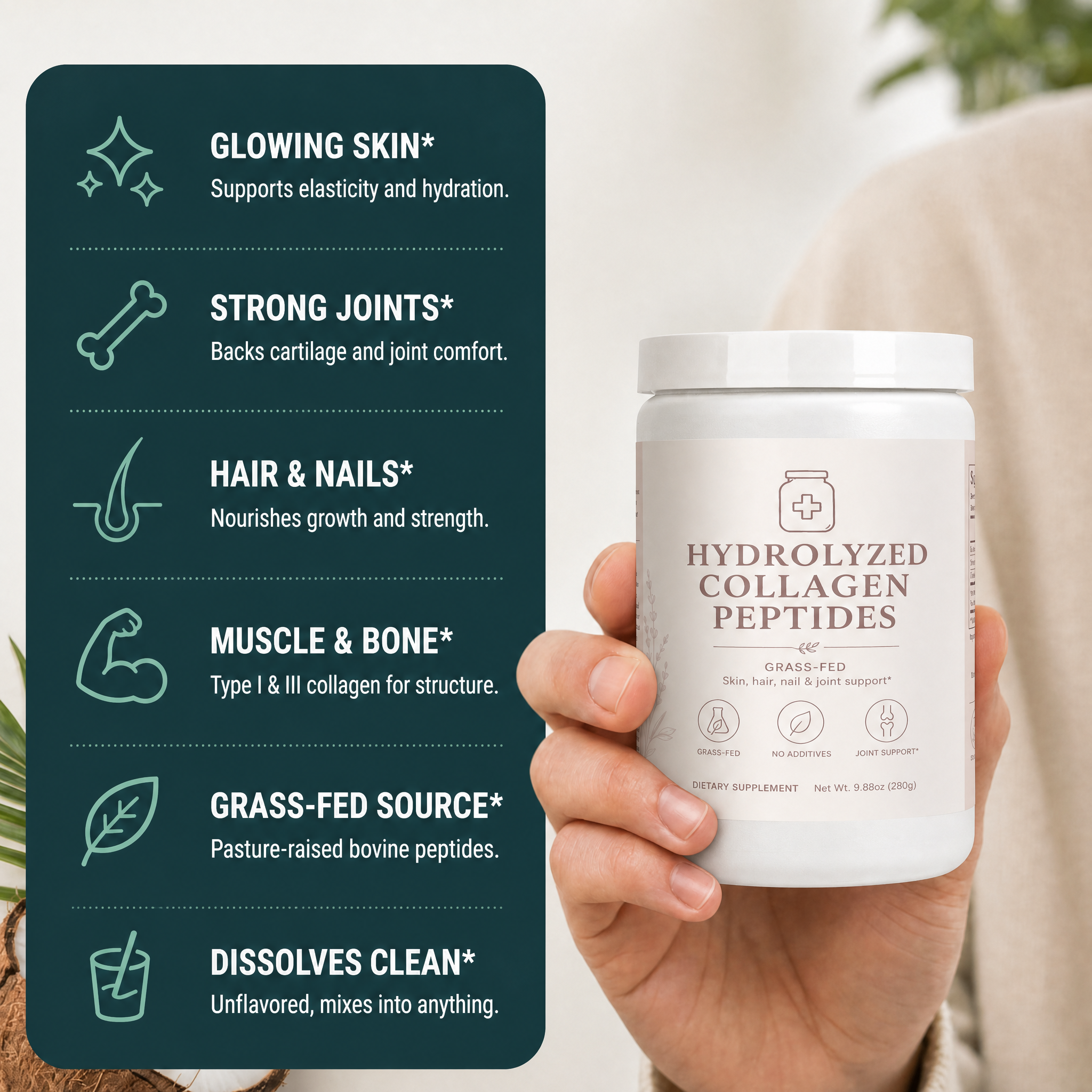 Grass-Fed Hydrolyzed Collagen Peptides benefits infographic by Ryzo Labs