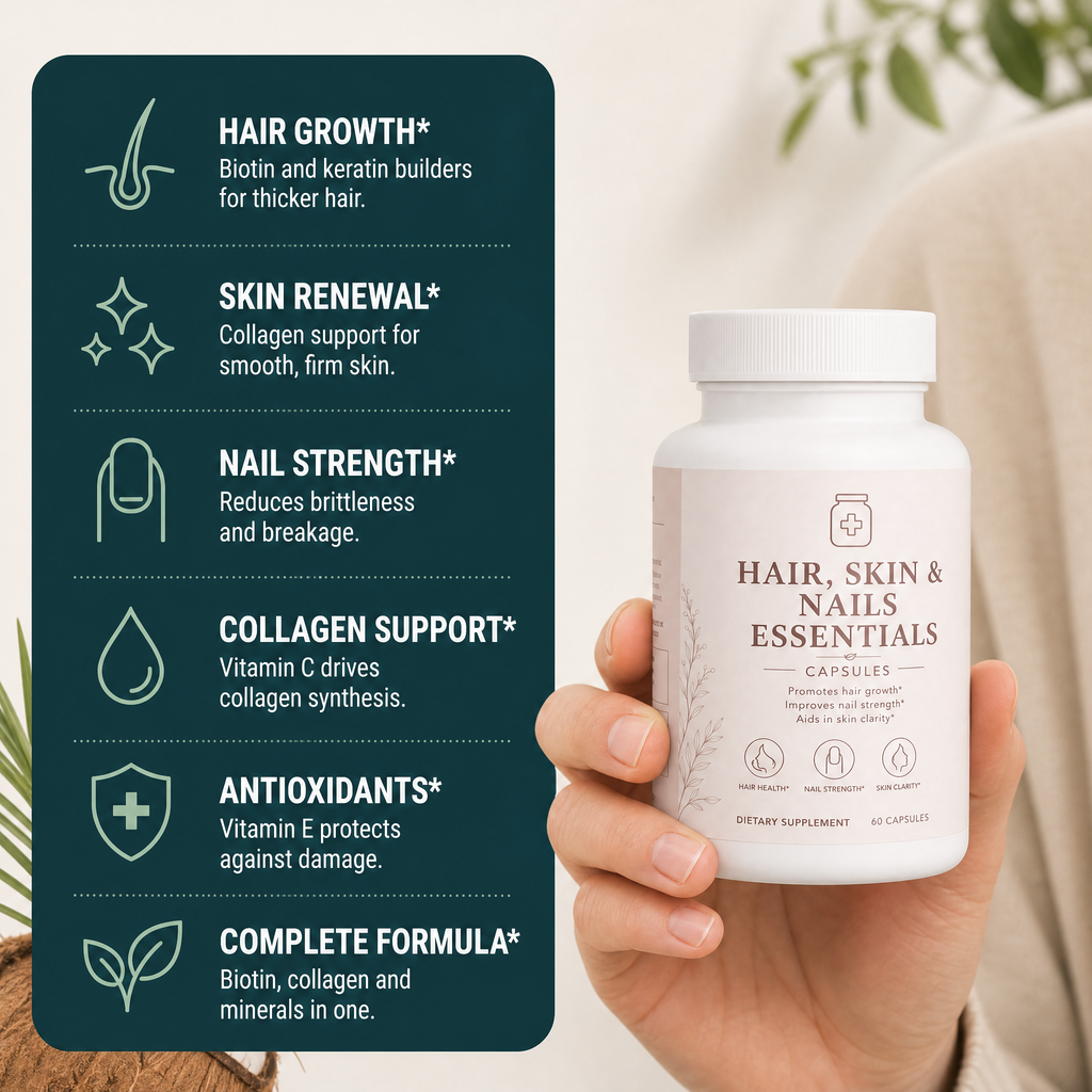 Hair, Skin and Nails Essentials benefits infographic by Ryzo Labs