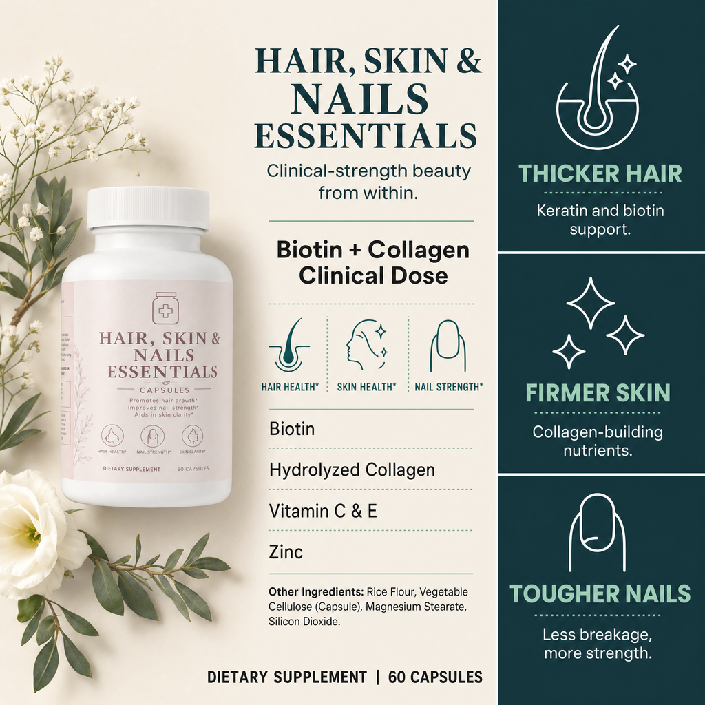 Hair, Skin and Nails Essentials ingredients and benefits chart by Ryzo Labs