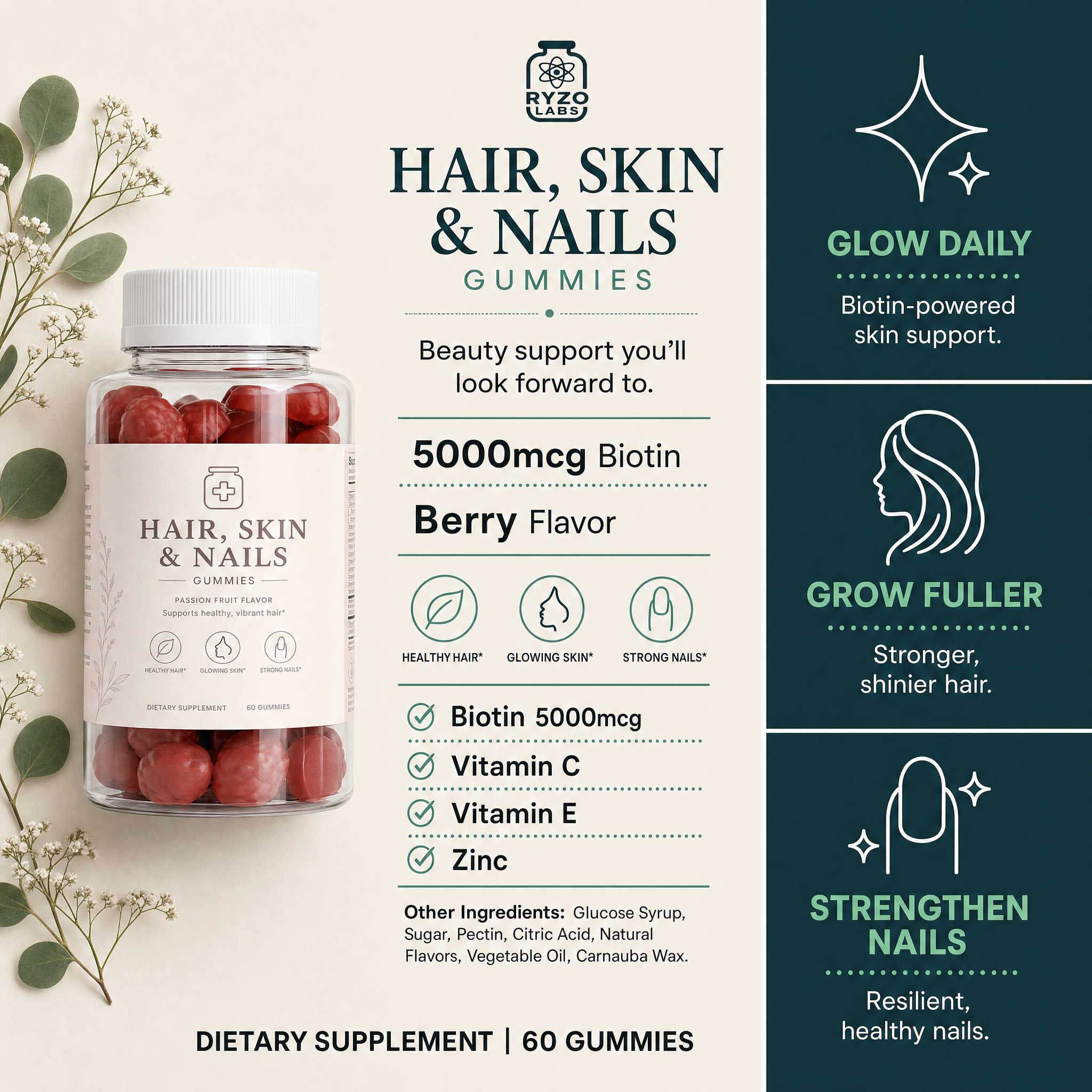 Hair, Skin & Nails Gummies ingredients and benefits chart by Ryzo Labs