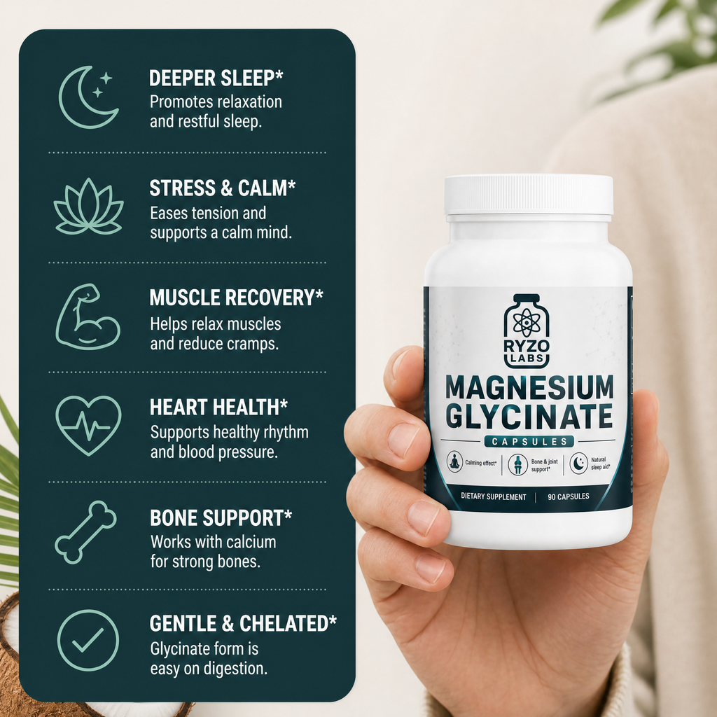 Magnesium Glycinate benefits infographic by Ryzo Labs