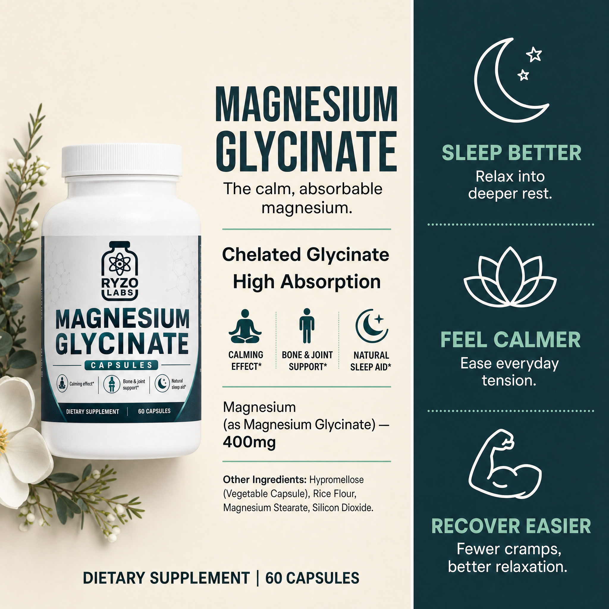 Magnesium Glycinate ingredients and benefits chart by Ryzo Labs