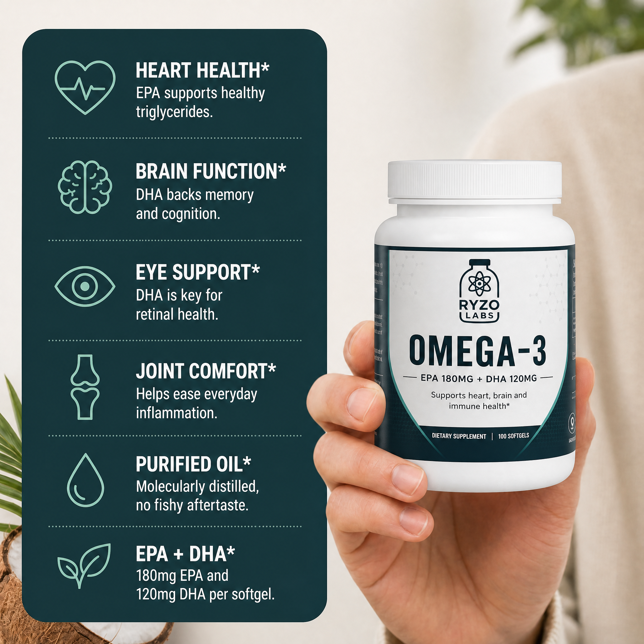 Omega-3 EPA 180mg + DHA 120mg benefits infographic by Ryzo Labs