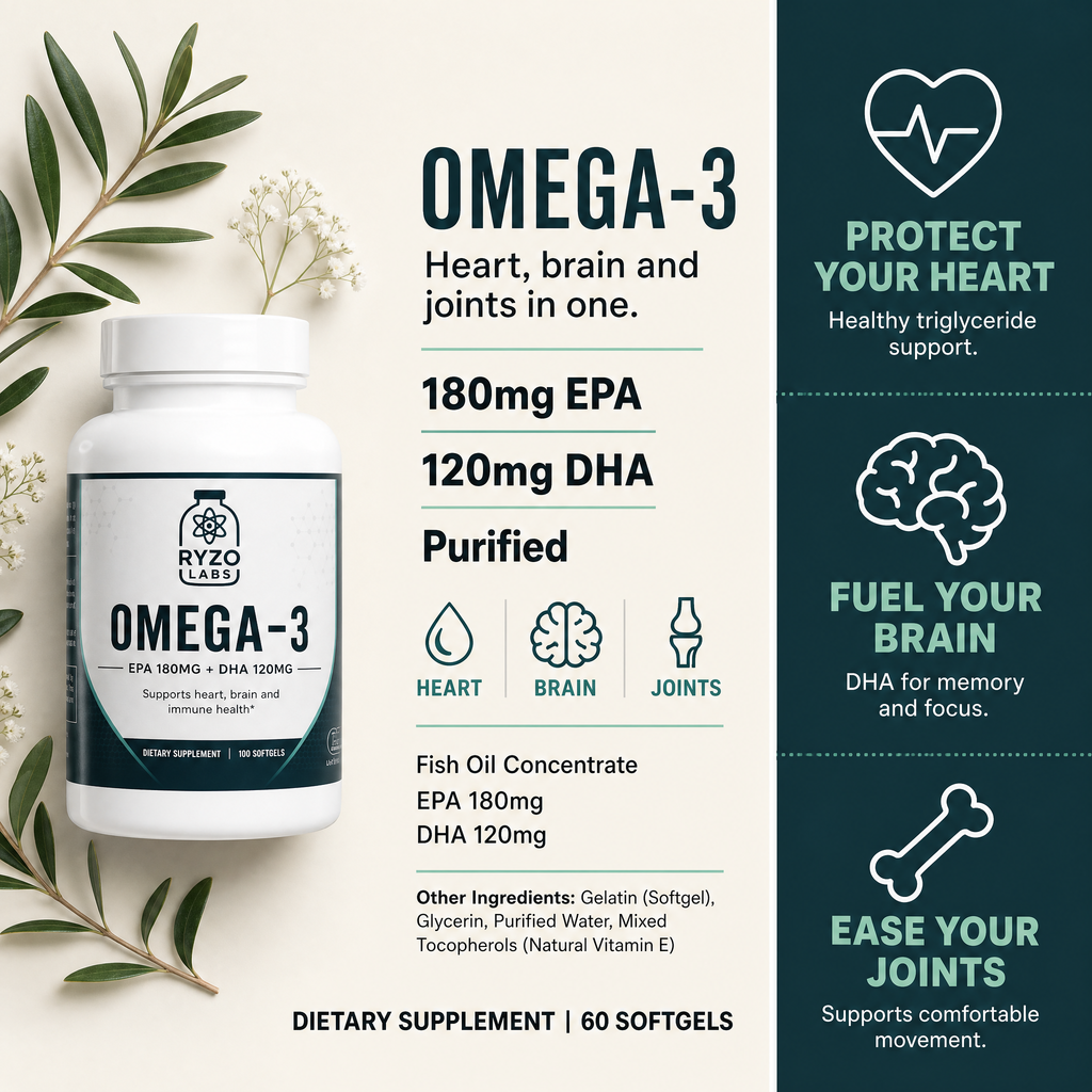 Omega-3 EPA 180mg + DHA 120mg ingredients and benefits chart by Ryzo Labs