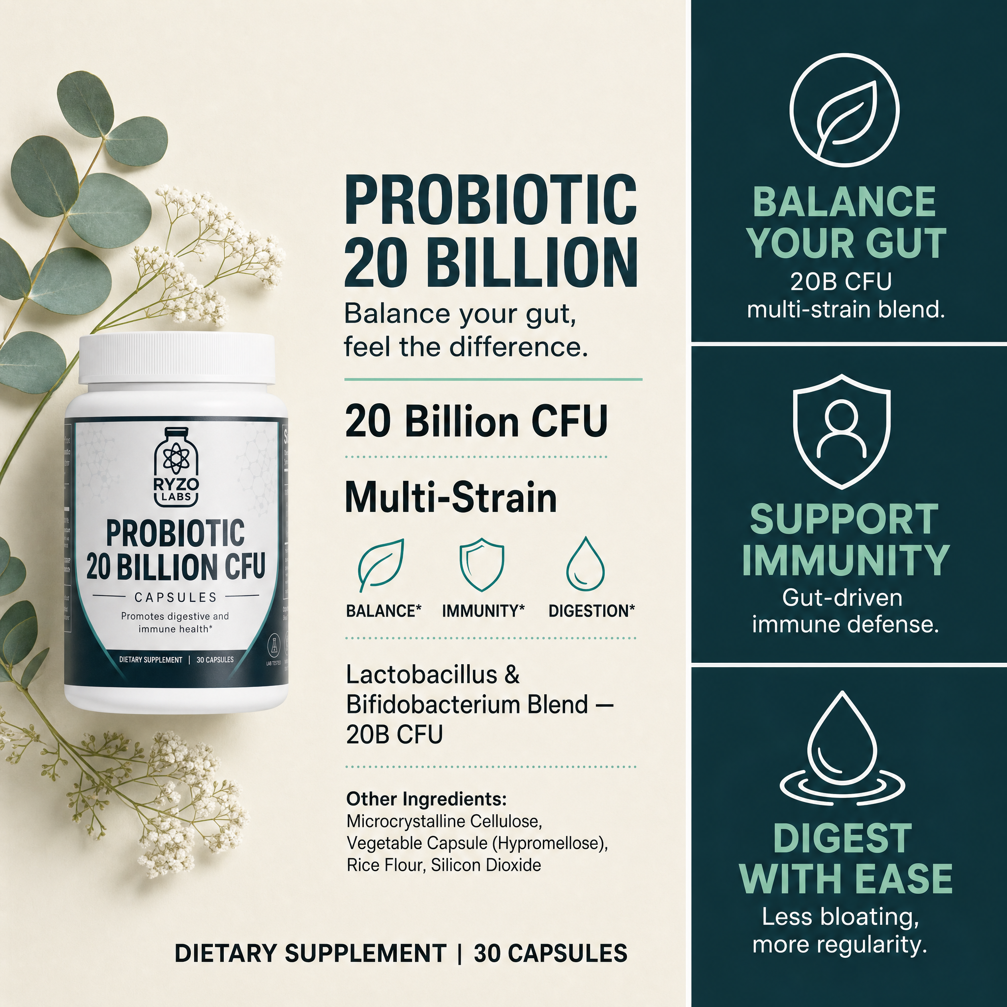Probiotic 20 Billion ingredients and benefits chart by Ryzo Labs