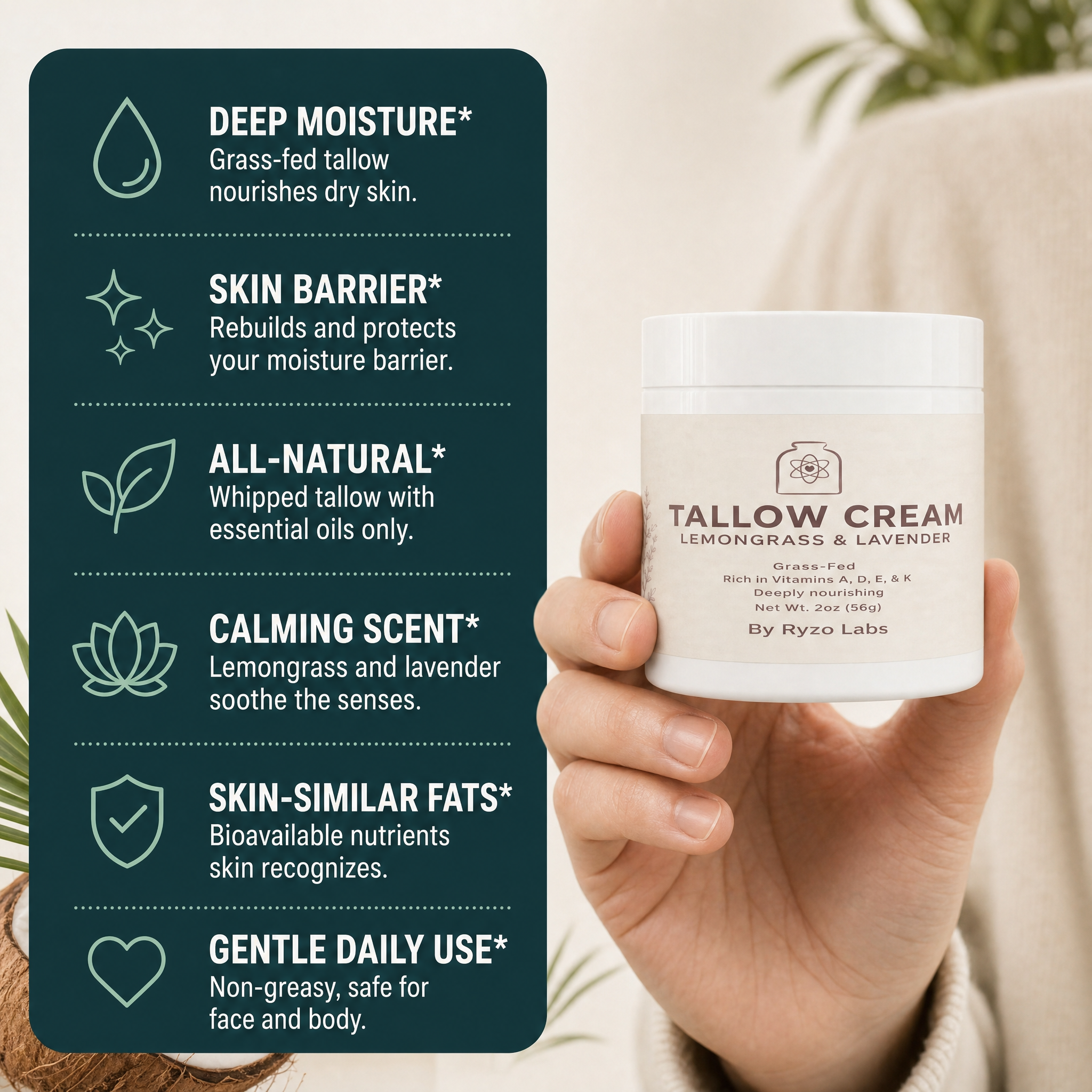 Tallow Cream Lemongrass & Lavender benefits infographic by Ryzo Labs