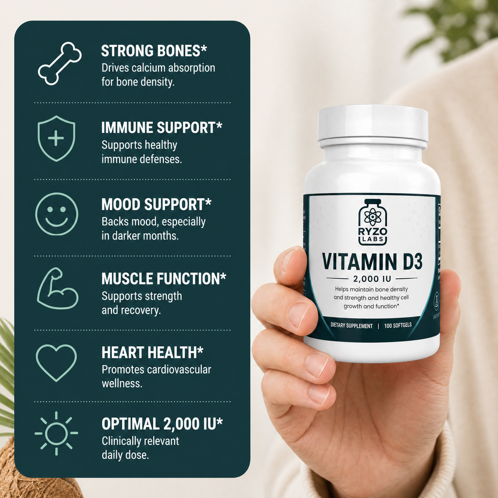 Vitamin D3 2,000 IU benefits infographic by Ryzo Labs