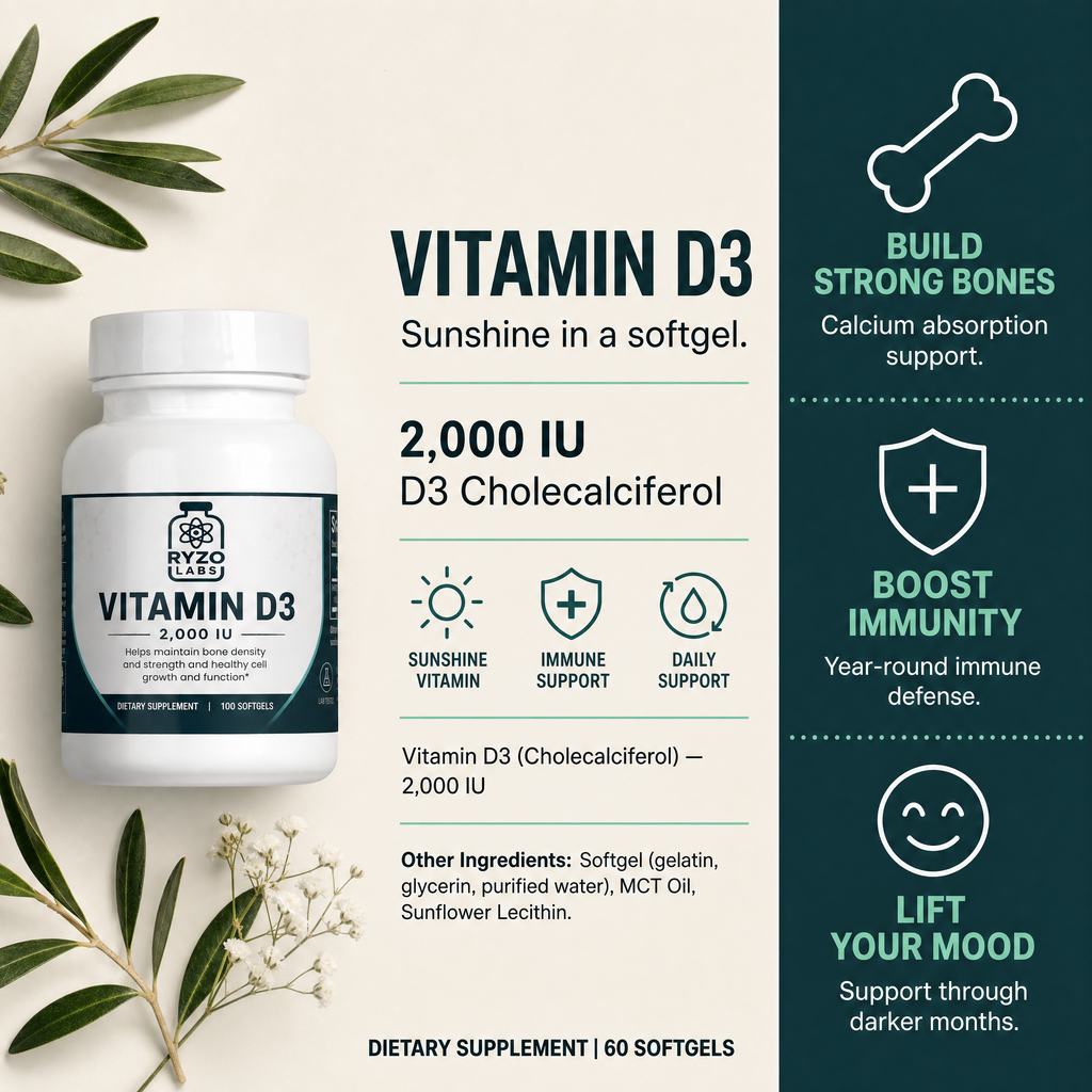 Vitamin D3 2,000 IU ingredients and benefits chart by Ryzo Labs