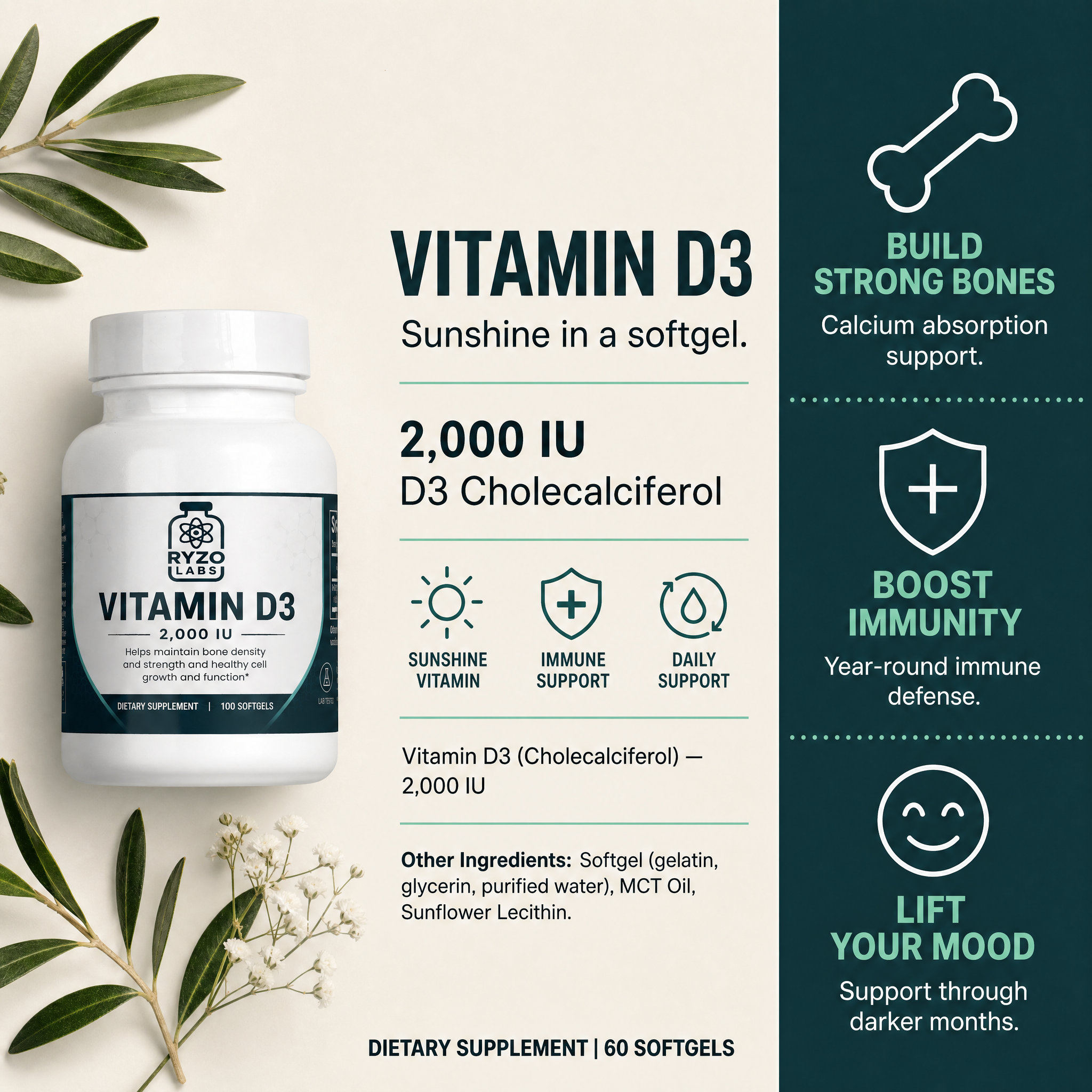 Vitamin D3 2,000 IU ingredients and benefits chart by Ryzo Labs
